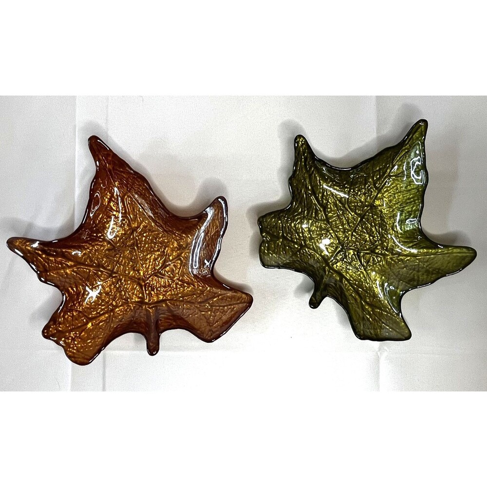 Glass Candy Dish Decorative Set of Two Autumn Leaves Green Gold